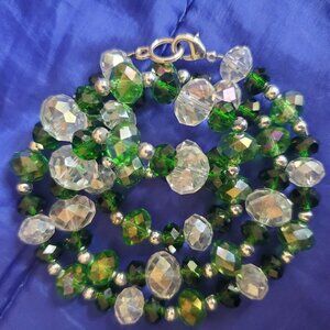 Vtg Glass Necklace 24" Emerald Green, Clear Ice Sparkle Crystal SliverTone Beads